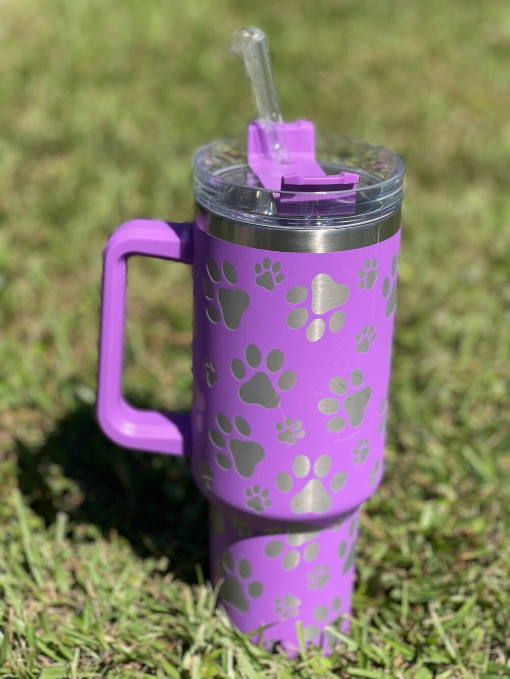 40oz Purple Paw Print Stainless Steel Tumbler w/ handle and straw